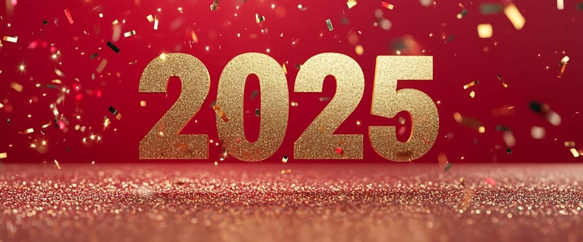 The year 2025 is expressed in sparkling gold against a bright red background, surrounded by colorful confetti for New Year s celebration.