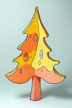 A bright wooden tree sculpture in vibrant shades of orange and yellow stands against a pale background, showcasing its artistic design.