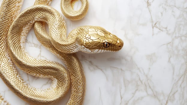 A golden snake lies gracefully on a smooth marble surface, highlighting its striking scales and intricate patterns in natural light.