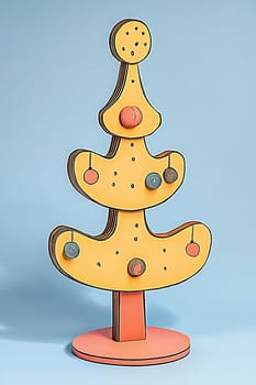 This unique wooden Christmas tree toy features interactive pieces designed for children, set against a bright blue background.