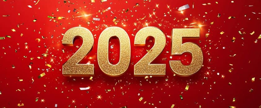Decorated with sparkling gold confetti, the joyful anticipation of New Year 2025 highlights a celebratory atmosphere.