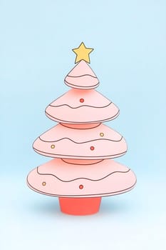 This pastel pink Christmas tree features layers and ornaments, showcasing a playful design that enhances the joyful holiday atmosphere.