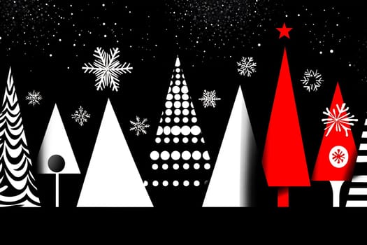 A vibrant winter landscape displays various Christmas trees and snowflakes, creating a festive atmosphere in a minimalist style.