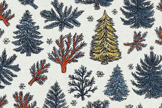 A collection of vibrant winter patterns displaying assorted trees and coral designs along with delicate snowflakes on a light backdrop.