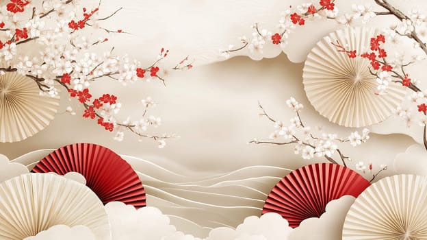 Delicate cherry blossoms bloom alongside red and beige decorative fans against a soft, neutral backdrop.
