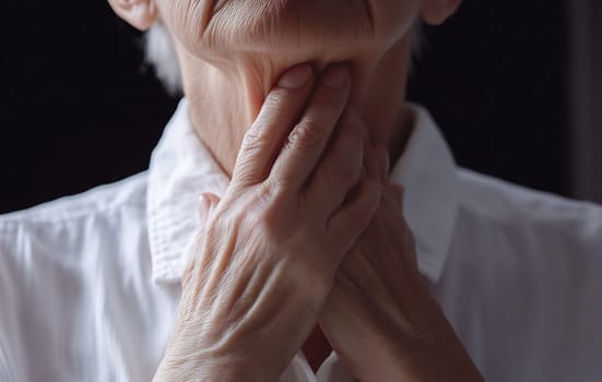An elderly individual touches their throat thoughtfully, seated in a serene indoor atmosphere during the later part of the day.
