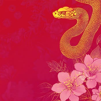 A striking golden snake elegantly wraps around colorful flowers set against a bold red backdrop, highlighting intricate artistic detail.