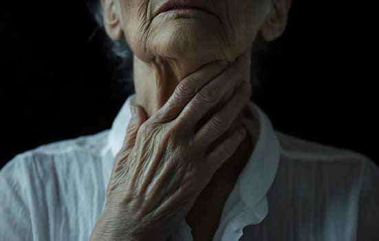 An older female figure touches her throat thoughtfully in low light, evoking feelings of introspection and quiet emotion.
