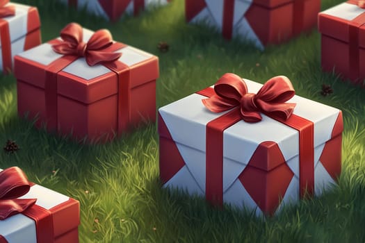 Beautifully wrapped gift boxes with vibrant red bows scattered across a green grassy area under clear skies in a cheerful atmosphere.