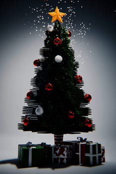 The Christmas tree is adorned with red and white ornaments, topped with a star, surrounded by neatly wrapped presents, creating a joyful atmosphere.