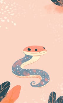 This illustration showcases a whimsical snake with a vivid design, playfully coiling amidst stylized, colorful leaves.