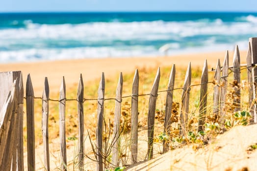 Wooden fence on an Atlantic beach in France, The Gironde Department. Shot with a selective focus