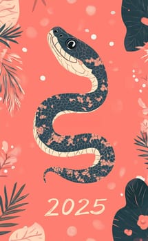 A colorful snake illustration coils gracefully against a coral background, adorned with tropical leaves, marking the year 2025.