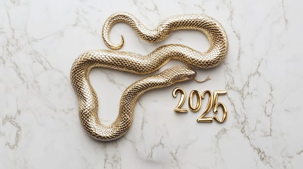 A shimmering golden snake wraps around the number 2025, evoking themes of renewal, strength, and prosperity against a marble surface.