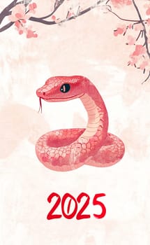A pink snake coiled gracefully, representing the zodiac for 2025, surrounded by delicate cherry blossoms enhancing the atmosphere.