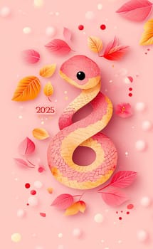 A pink snake is coiled gracefully among colorful autumn leaves, with the year 2025 artistically incorporated in the composition.