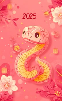 A whimsical dragon design symbolizing the year 2025, surrounded by flowers and an eye-catching pink backdrop.