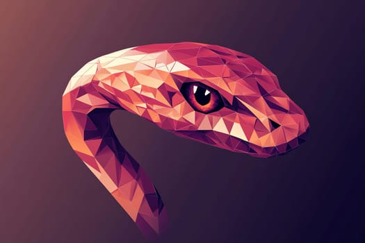 A geometric illustration of a snake's head featuring vivid colors and sharp angles, set on a dark backdrop creating a striking contrast.