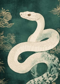A striking white snake gracefully intertwines with delicate floral patterns on a rich teal backdrop.