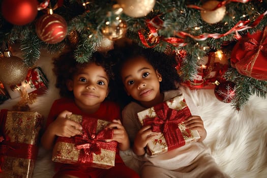 Two happy children sit on a soft blanket, excitedly cradling wrapped presents beneath a sparkling Christmas tree adorned with ornaments.