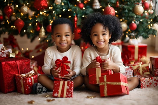 Two cheerful kids in cozy outfits pose by a Christmas tree, eagerly holding colorful presents surrounded by holiday decorations.