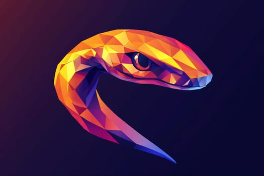 This striking artwork displays a snake created from geometric shapes, highlighted with vibrant colors against a dark background.
