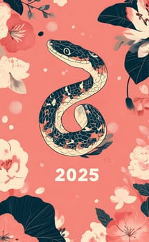 An artistic depiction of a snake entwined with blossoms signifies the year 2025, showcasing an elegant combination of nature.