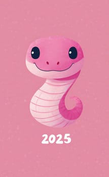 A cheerful cartoon snake with a pink body and friendly expression appears on a soft pink background, showcasing the year 2025.