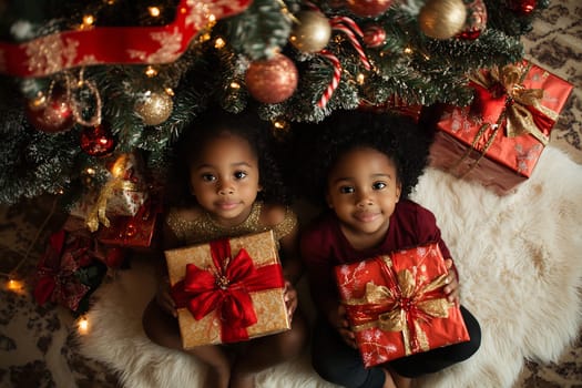 Two young siblings are sitting on a soft blanket, smiling with excitement as they hold colorful Christmas gifts under a beautifully decorated tree.