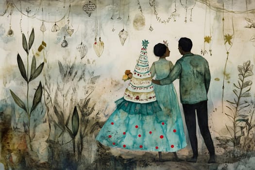 The couple stands close together, gazing at a beautifully adorned holiday tree amidst a magical winter wonderland.
