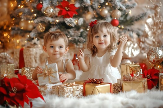 Two young children happily explore wrapped gifts around a decorated Christmas tree, surrounded by holiday cheer and decorations.