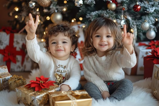 Two smiling kids are seated among presents, joyfully celebrating Christmas while surrounded by holiday decorations.