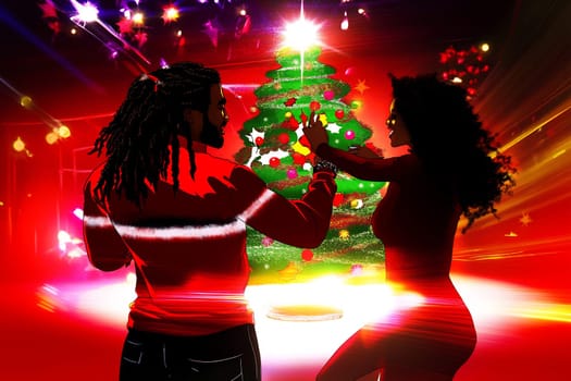 A couple enjoys a joyful Christmas celebration, dancing together near a vibrant, decorated tree filled with colorful lights.