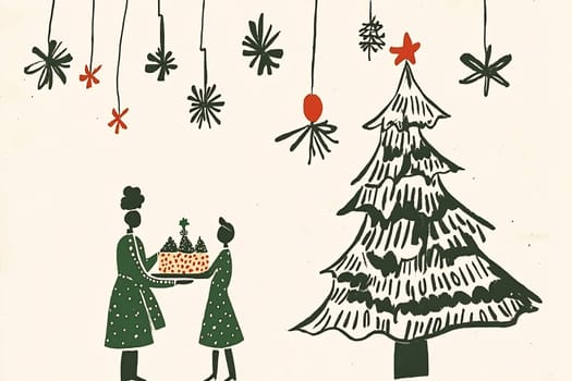Two women joyfully exchange a decorated cake while festive ornaments hang above, beside a Christmas tree.