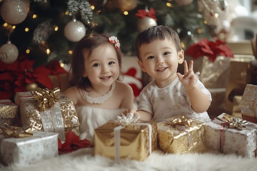 Two happy kids smile while sitting among beautifully wrapped presents under a twinkling Christmas tree, capturing holiday spirit.