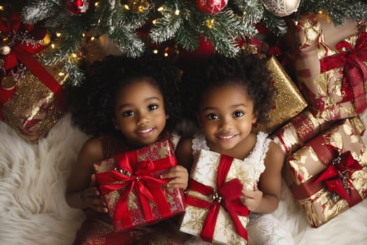 The children smile brightly while holding colorful Christmas presents beneath a twinkling tree adorned with festive decorations.