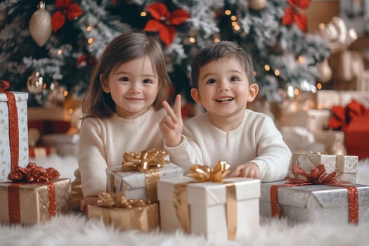 Two young children smile brightly amidst wrapped presents and holiday decorations by a Christmas tree, radiating festive joy.