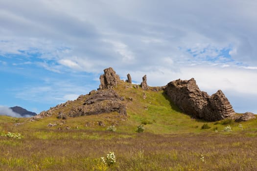 East Iceland Nature Landscape with Basalt rocks and Blue Sky