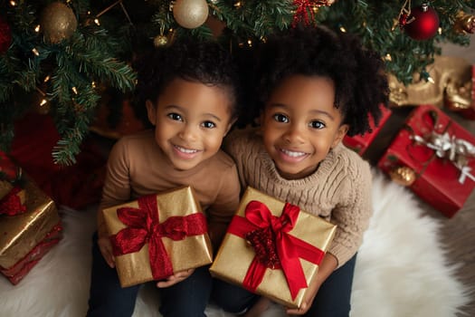 Children display excitement while holding festive gift boxes near a sparkling Christmas tree surrounded by holiday decorations.