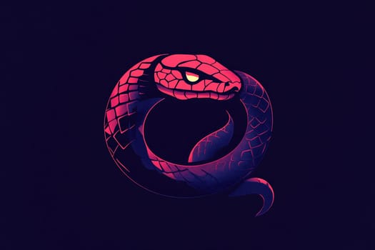 The artwork presents a coiled snake in vivid pink and purple hues, emphasizing its scales and fierce expression in a dark setting.