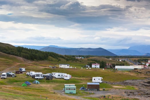 Campsite in Iceland, Mivatn lake area. Overcast weather