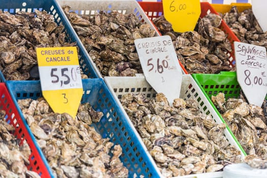 Oysters market in Cancale, Brittany, France. Shot with a selective focus