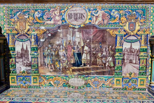 Tiled Alcoves of Spanish Provinces Along the Walls of Plaza de Espana in Seville, Spain. Burgos Region Close Up Painted Ceramic Ornament Representing City, Designed for Expo 1928