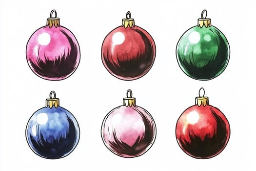 Six decorative Christmas ornaments in bright colors, including pink, green, red, and blue, arranged creatively for holiday cheer.