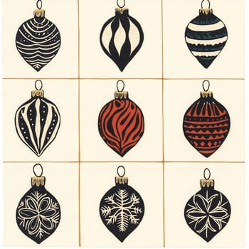 A variety of charming Christmas ornaments in a grid, featuring different patterns and colors perfect for holiday decorating.