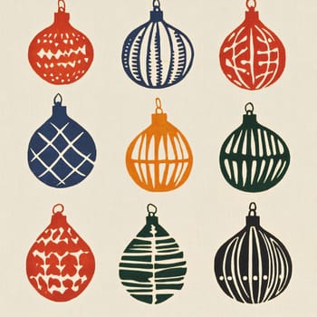 Decorative ornaments in vibrant colors, featuring unique patterns, are neatly arranged in a grid layout against a soft backdrop.