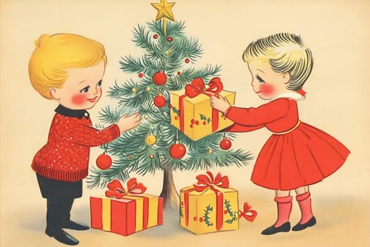 Two children, a boy and a girl, are happily arranging colorful presents beneath a beautifully decorated Christmas tree.