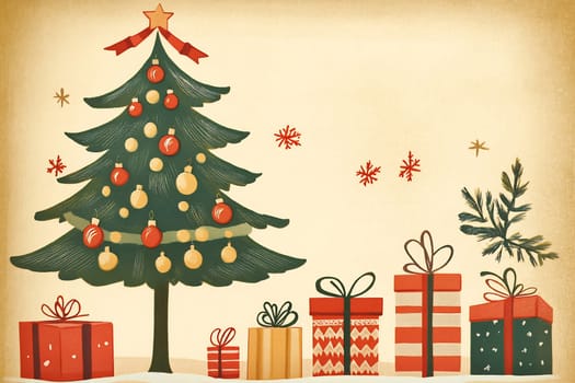 This scene features a charming Christmas tree adorned with bright ornaments, surrounded by beautifully wrapped gifts, evoking holiday cheer.