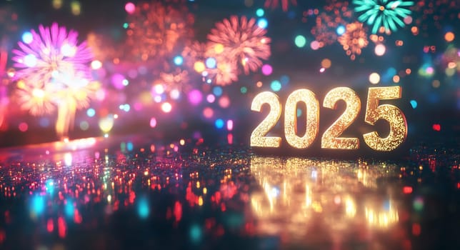Bright fireworks illuminate the dark sky, celebrating the arrival of New Year 2025 with joyful colors and reflections.