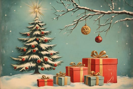 A beautifully decorated Christmas tree with ornaments stands beside colorful presents, creating a cheerful winter atmosphere.